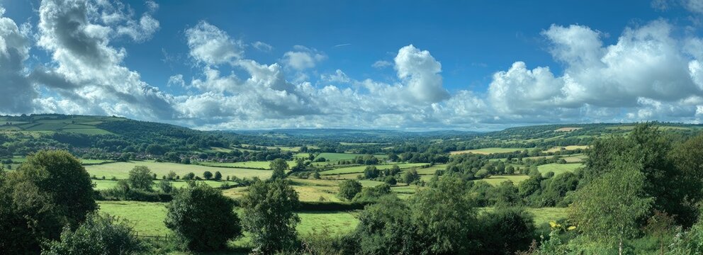 Panoramic view of a verdant valley under a partly cloudy sky, rolling hills, and lush green trees - Powered by Adobe