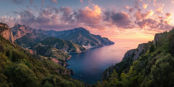 Panoramic sunset view of a coastal mountain range, with a calm sea, lush vegetation and vibrant, colorful sky - Powered by Adobe