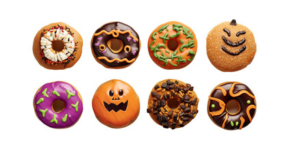 A collection of halloween themed donuts with various toppings and festive decorations shown isolated on transparent background