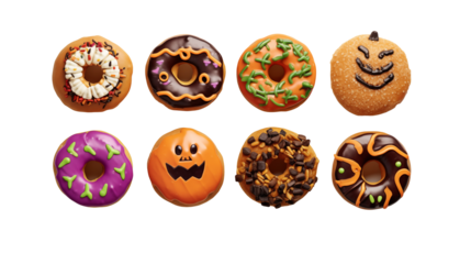 A collection of halloween themed donuts with various toppings and festive decorations shown isolated on transparent background