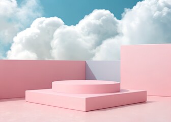 Background podium pink 3d product sky platform display cloud pastel scene render stand. Pink podium stage minimal abstract background beauty dreamy space studio pedestal smoke showcase geometric white