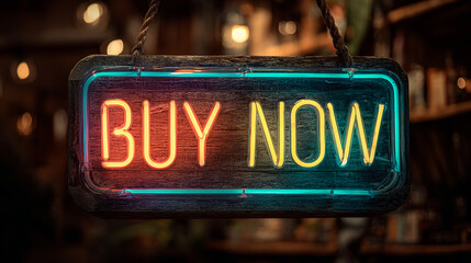 Illuminated buy now sign hanging against a blurred background in a dark setting