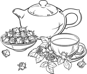Сup of Rose Tea and Teapot Outline Illustration.