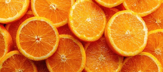 A vibrant close-up of numerous juicy orange slices, arranged in a dense, overlapping pattern, showcasing their bright, citrusy color and fresh texture