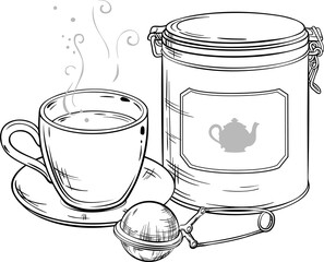 Cup of tea and Tin Packaging Outline Illustration.