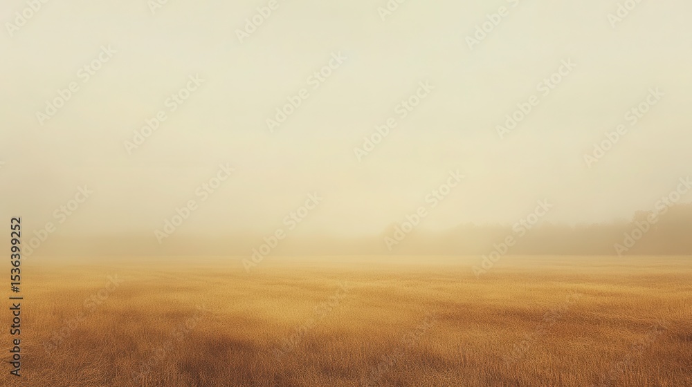 Aufkleber golden wheat field shrouded in dense fog, a tree line barely visible. use it for a mysterious or pea