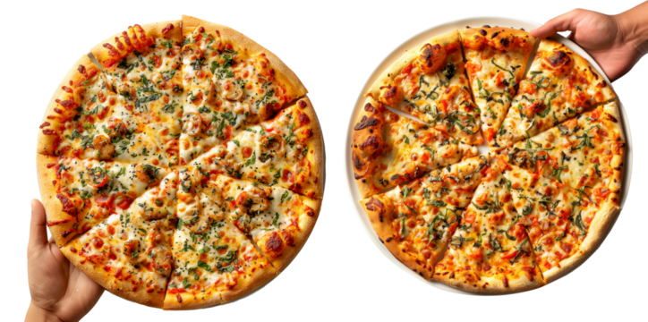 Hand holding New Haven-Style pizza isolated on white transparent background. Concept of fast food and homemade pizza.