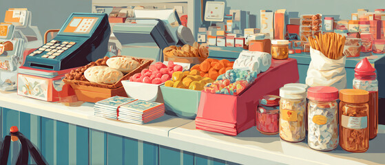A colorful candy store counter display with cash register and various sweets items