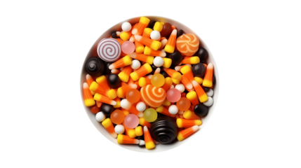 Overhead view of a bowl filled with halloween candy corn and assorted wrapped sweets treats isolated on transparent background