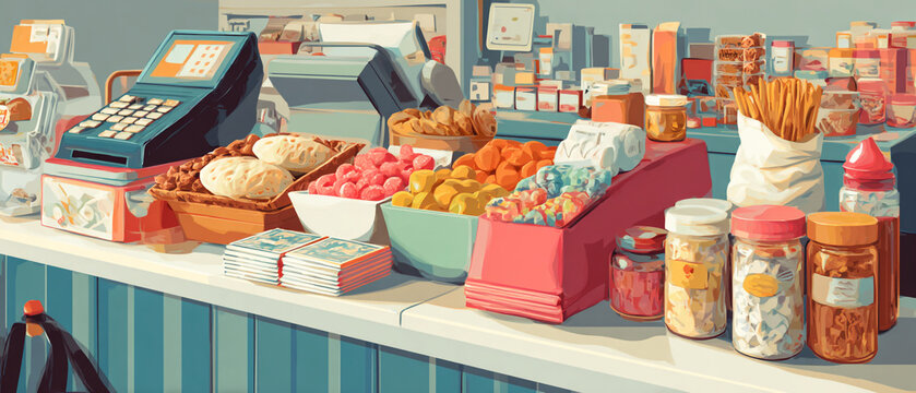 A colorful candy store counter display with cash register and various sweets items