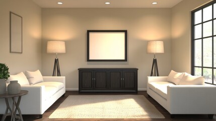 Fototapeta premium 39.A serene living space with matching white sofas, a modern black wooden cabinet, a minimalist floor lamp, and a blank poster frame ready for customization, set against a soft beige wall.