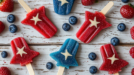 Festive Red and Blue Popsicles with Berries on Rustic Wood
