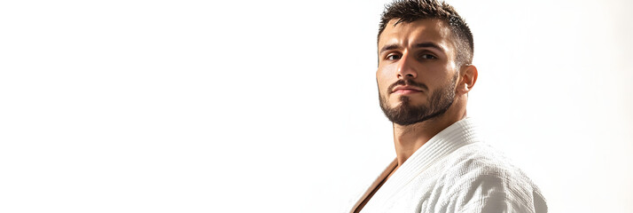The exhilarating moment of victory captured in a judo match wide banner - white background