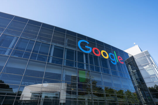 Mountain View, CA, USA - May 1, 2022: Google sign is seen at Googleplex, the corporate headquarters complex of Google and its parent company, Alphabet, Inc., in Mountain View, California.