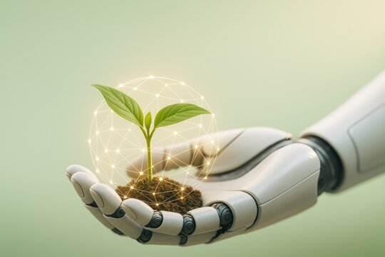 Robot hand holding plant, sustainable AI technology for green energy and eco innovation