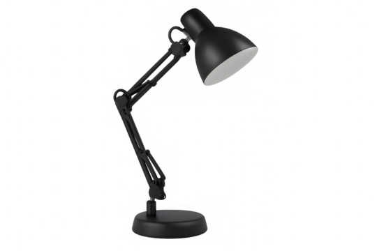 Black articulated desk lamp providing focused light, isolated on transparent background, perfect for design projects