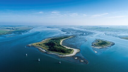 High-angle view of a verdant island nestled in a serene, azure bay, surrounded by smaller islets and calm waters under a clear sky; sailboats dot the scene