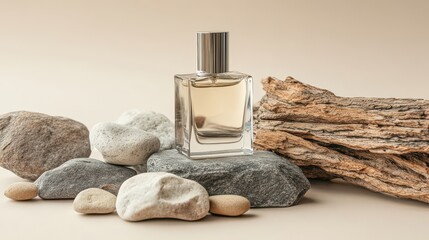 Perfume bottle on natural stone and wood pieces, beige background. For cosmetic brand promotion and nature-inspired fragrance ads.