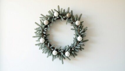 Frosted pine Christmas wreath with white ornaments on wall