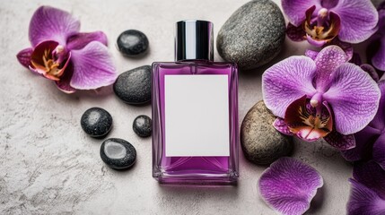 Purple perfume bottle with blank label, stones, and orchids on textured background. Showcase branding, cosmetic products, or floral fragrance concepts elegantly.