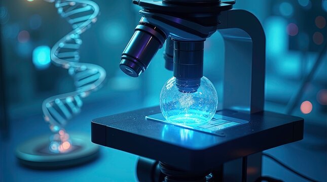 Microscope View of Modified DNA Strands on Advanced Digital Equipment in a Biotech Lab ai generated image