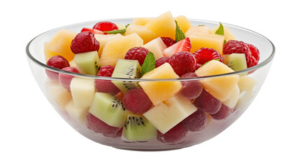 Fresh fruit salad in a white bowl with strawberries, kiwi, and melon, a healthy and sweet breakfast dessert, isolated on transparent background. PNG