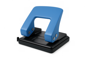 Blue-black office hole punch perforating paper sheets with precision, resting on clean transparent surface, professional stationery tool