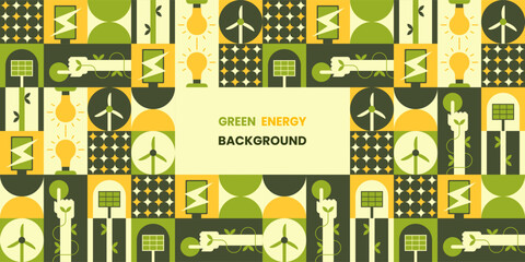 Green energy background with renewable power icons.