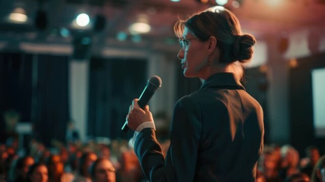 A woman confidently addresses a packed venue, engaging the audience with her discourse on leadership. Her passionate presentation highlights the importance of empowerment in professional settings