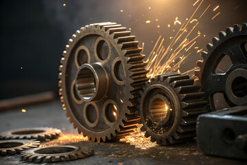 metal gears with golden lighting