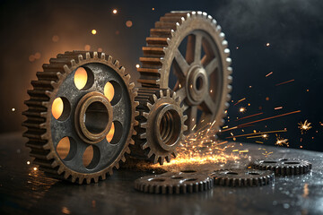 metal gears with golden lighting