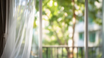 Sheer White Curtain With Blurred Green Background And Natural Light