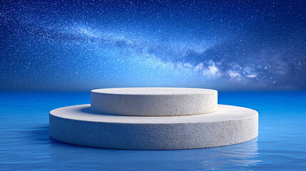 Empty white product display podium on desert landscape with starry night sky. Outdoor concept for cosmetic, fashion, or showcase.