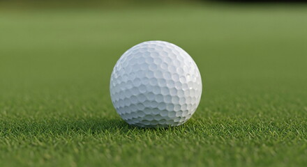 Fototapeta premium White golf ball on a very green putting course. Summer sport activity and outdoor recreation game concept.