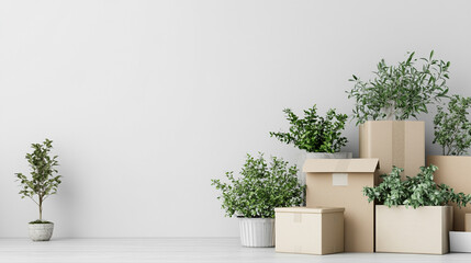 Bright, minimalistic room with unpacked moving boxes on a clean white floor and white walls. Symbolizes new home, fresh start, buying first property, and beginning a new chapter. Caption space on the 