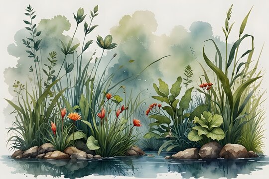 Aquatic plants and their ecosystem in watercolor style