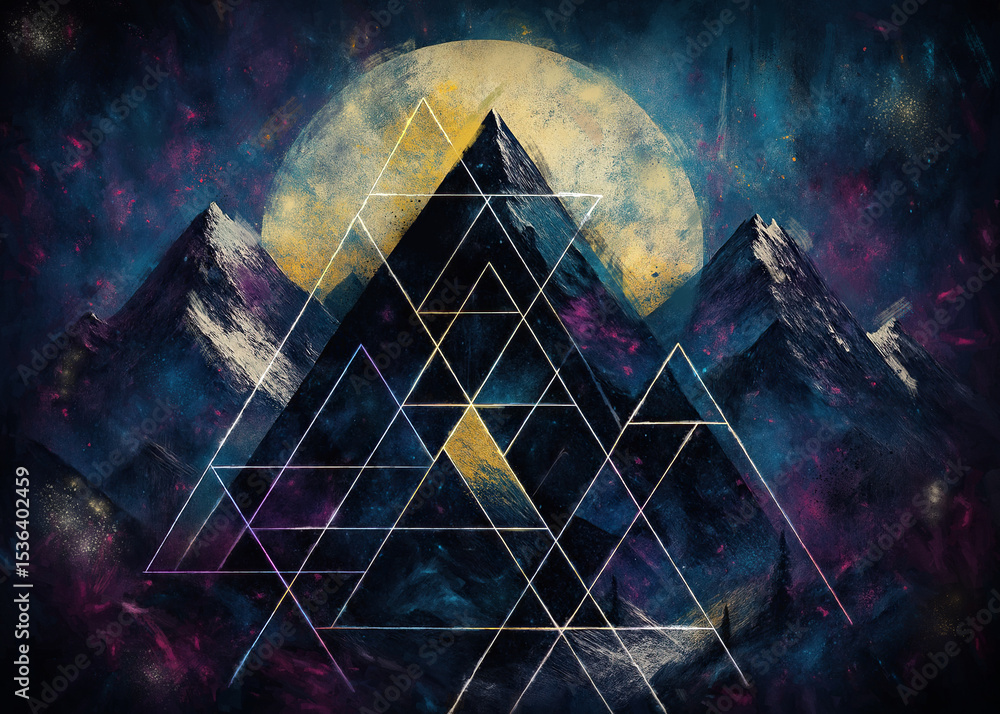 Poster geometric night mountains. landscape with gloomy mountains and abstraction in the form of geometric 