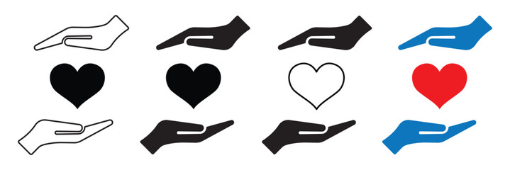 Heart in hand icons set, Healthcare, Donation and giving aid concept , Hands holding heart icon set. EPS 10