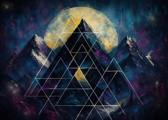 Geometric night mountains. Landscape with gloomy mountains and abstraction in the form of geometric triangles.