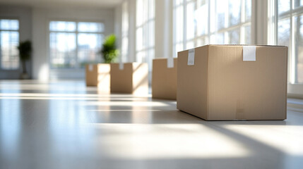 Bright, minimalistic room with unpacked moving boxes on a clean white floor and white walls. Symbolizes new home, fresh start, buying first property, and beginning a new chapter. Caption space on the 