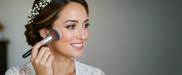 Bride applying makeup with powder brush on blurred background. Portrait with interior bokeh. Wedding preparation and bridal beauty concept. Image for banner, invitation, greeting card and poster