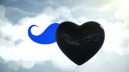 Animated black heart forms with a blue mustache against a cloudy sky, representing prostate cancer awareness month footage. - Powered by Adobe