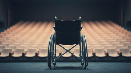 Empty wheelchair standing on stage facing empty auditorium seats