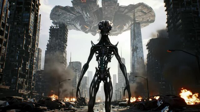 Alien creature standing in a ruined city with a large spaceship hovering above, showcasing a post-apocalyptic invasion scenario footage.