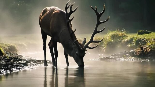 Wild deer drinking from forest stream in early morning mist