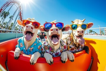 Three cows wearing sunglasses on a roller coaster ride at a theme park