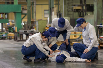 工場で倒れた作業員を救護するグループ