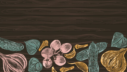Pencil texture hand drawn vegetable design on dark wood