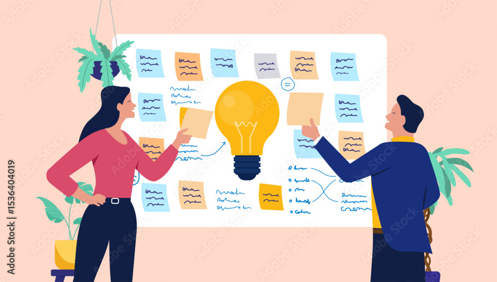 Poster Two smiling business people collaborating on a whiteboard filled with sticky notes and a large lightbulb, representing a brainstorming session or idea generation workshop. Flat design illustration