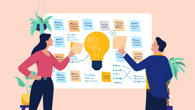 Two smiling business people collaborating on a whiteboard filled with sticky notes and a large lightbulb, representing a brainstorming session or idea generation workshop. Flat design illustration